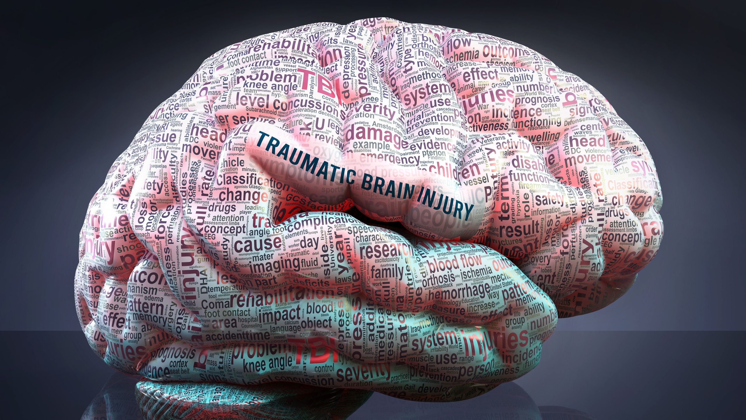 Photo of a brain depicting traumatic brain injury (TBI) in the human brain, hundreds of terms related to Traumatic brain injury projected onto a cerebral cortex to show broad extent of this condition